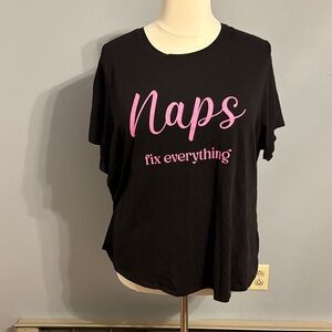 Cacique Black Short Sleeve Tee with Pink "Naps" Script